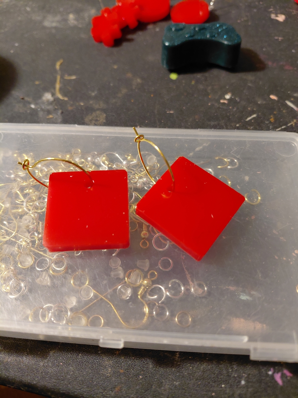 Bold Red Square Drop Earrings with Gold Hoops
